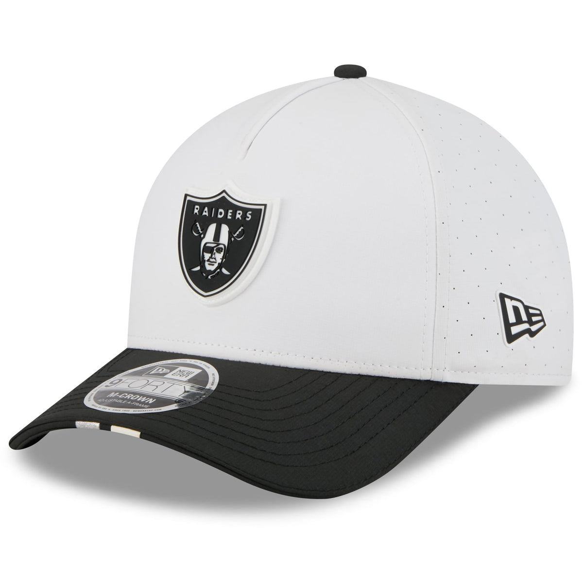 Youth Las Vegas Raiders  New Era White/Black 2025 NFL Training Camp A-Frame 9FORTY Adjustable Hat