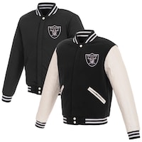 Men's Las Vegas Raiders JH Design Black/White Reversible Fleece Full-Snap Jacket with Faux Leather Sleeves