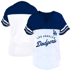 Women's Los Angeles Dodgers Profile White/Royal Plus Size Two-Stripe V-Neck T-Shirt