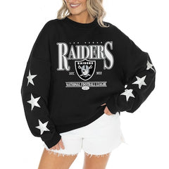 Women's Las Vegas Raiders Gameday Couture Black Rhinestone Star Sleeve Settle the Score Oversized Tri-Blend Pullover