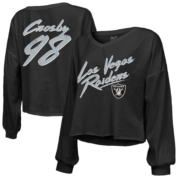 Women's Las Vegas Raiders Maxx Crosby Majestic Threads Black Name & Number Off-Shoulder Script Cropped Long Sleeve Relaxed V-Neck T-Shirt