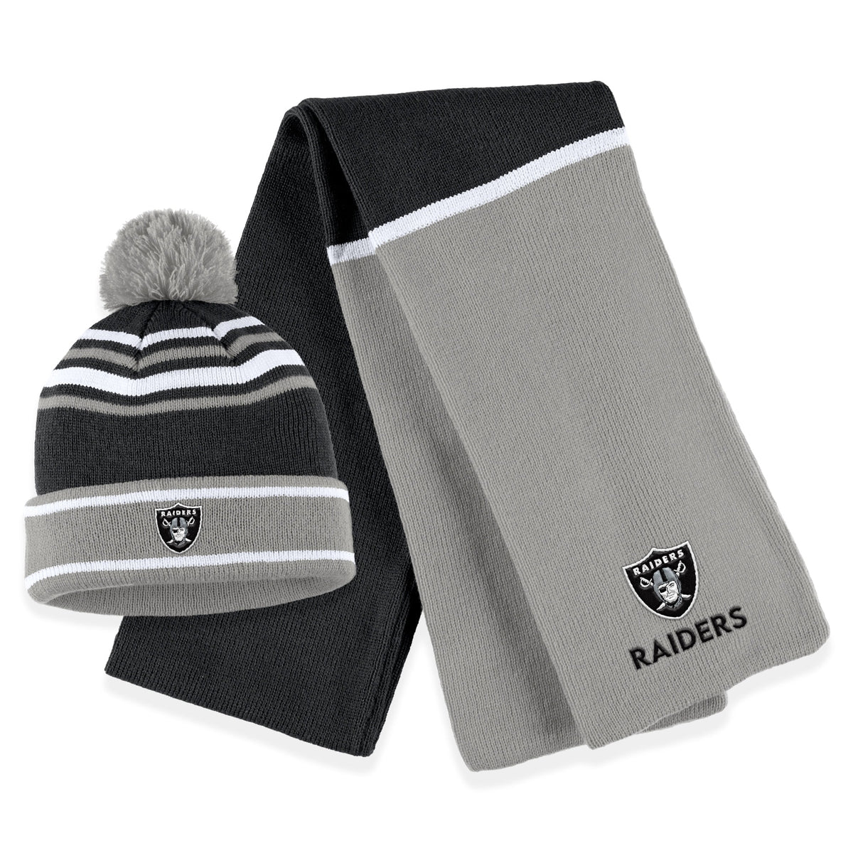 Women's Las Vegas Raiders WEAR by Erin Andrews Black Colorblock Cuffed Knit Hat with Pom and Scarf Set