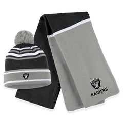 Women's Las Vegas Raiders WEAR by Erin Andrews Black Colorblock Cuffed Knit Hat with Pom and Scarf Set