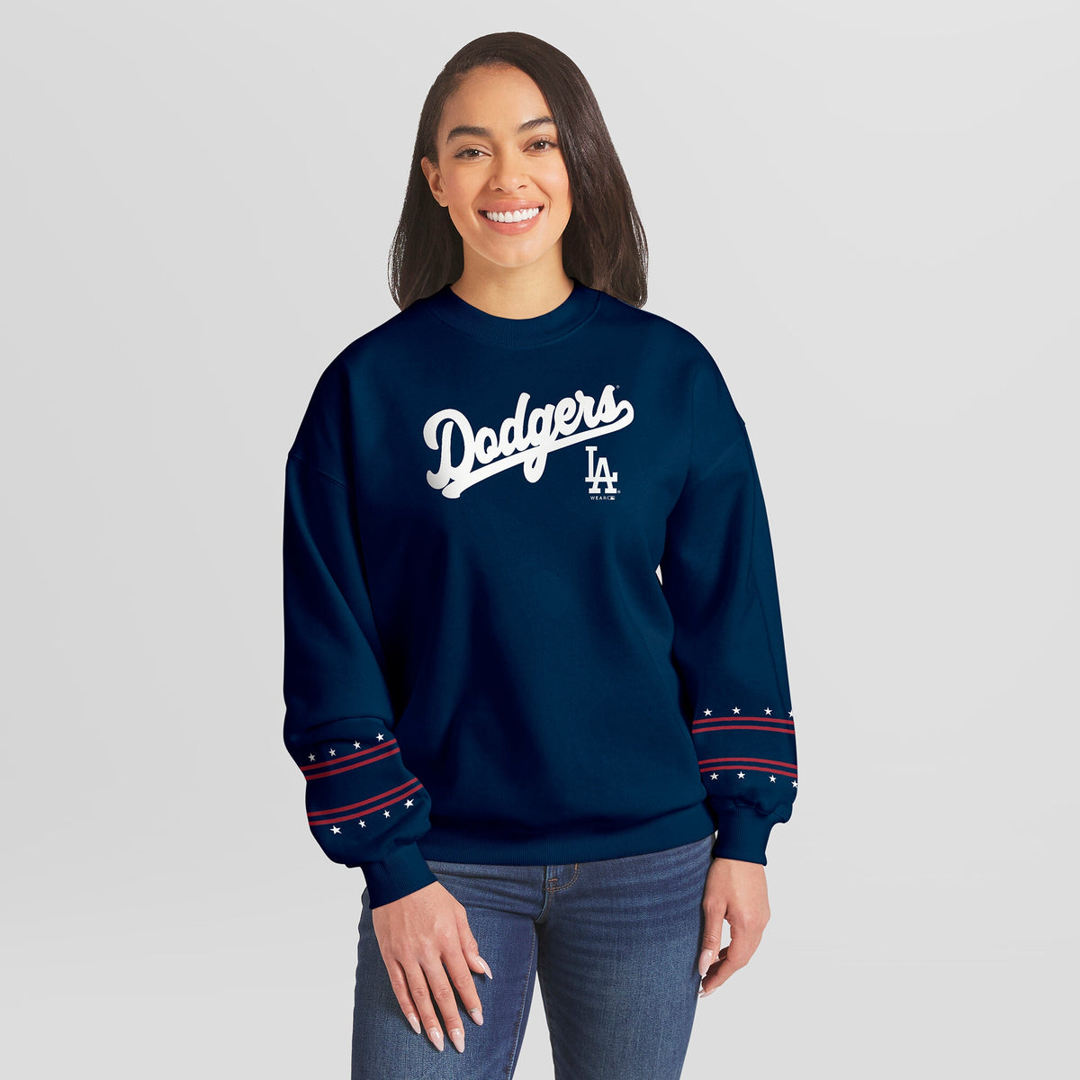 Women's Los Angeles Dodgers  WEAR by Erin Andrews Navy Americana Heavyweight Fleece Sweatshirt