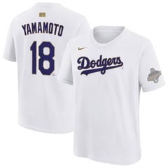 Youth Los Angeles Dodgers Yoshinobu Yamamoto Nike White 2026 Gold Collection Name & Number T-Shirt